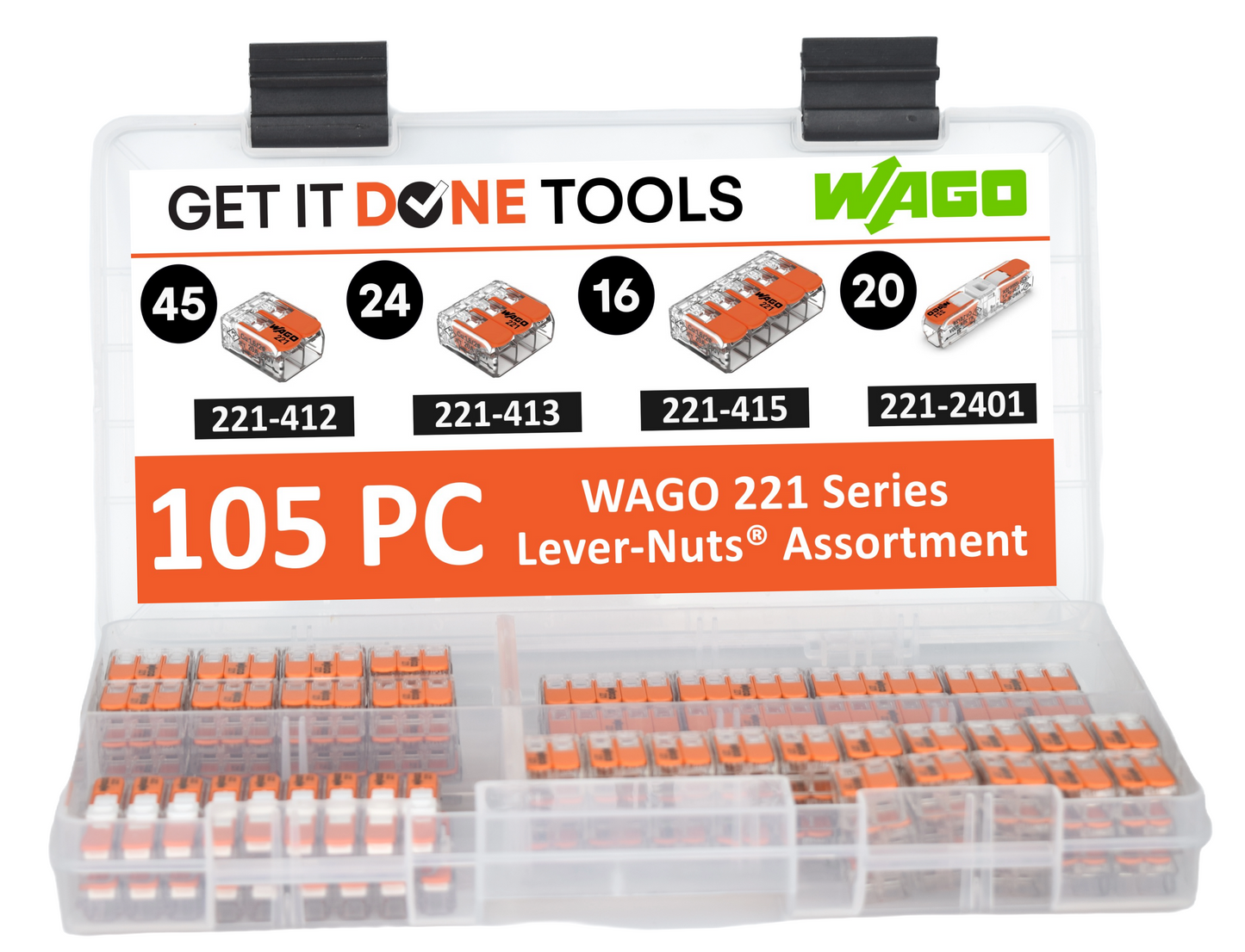 WAGO 221 Lever-Nuts 105pc Lever Nuts Wire Connector Assortment with Case