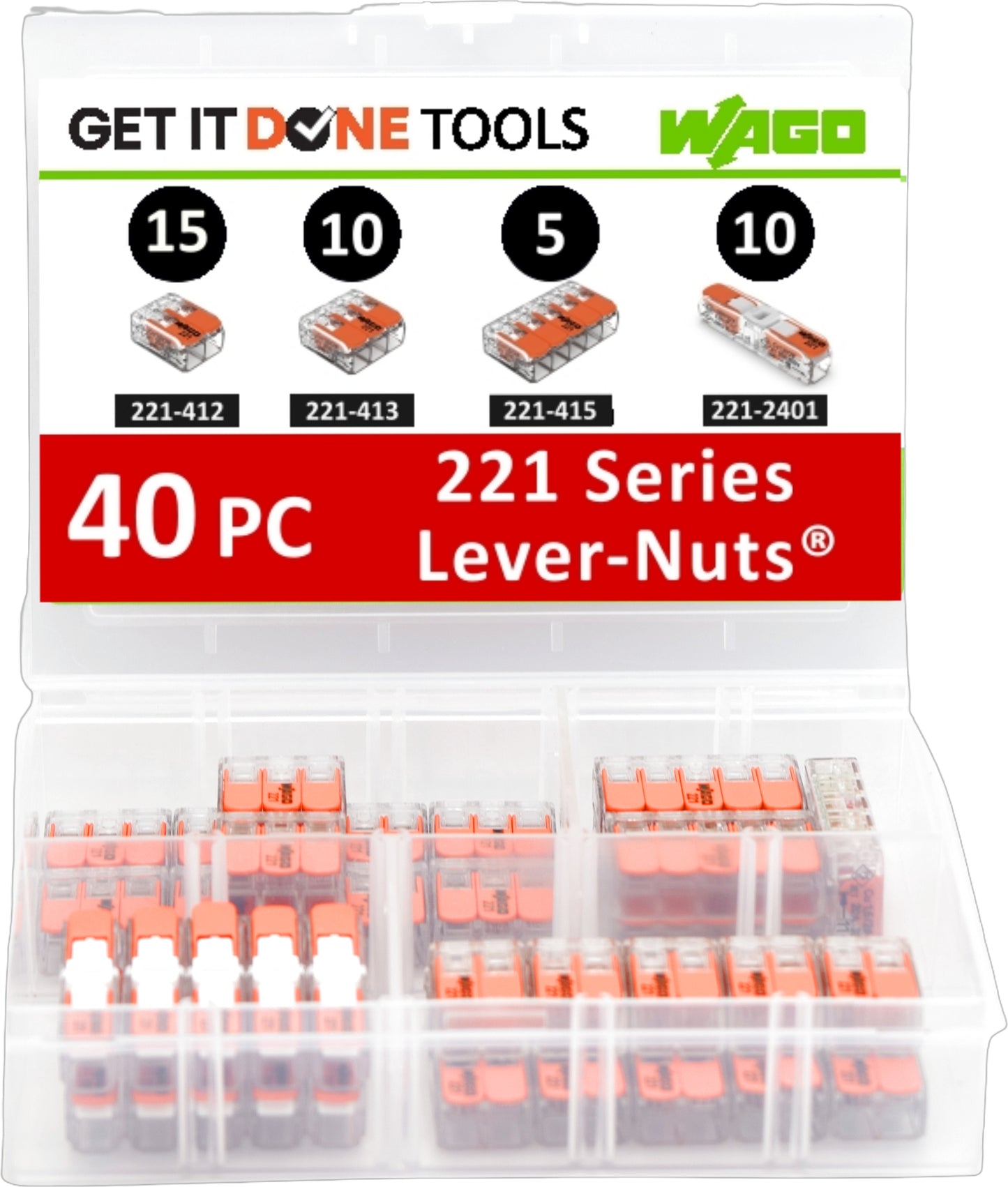 WAGO 221 Lever-Nuts 40pc Lever Nuts Wire Connector Assortment with Case
