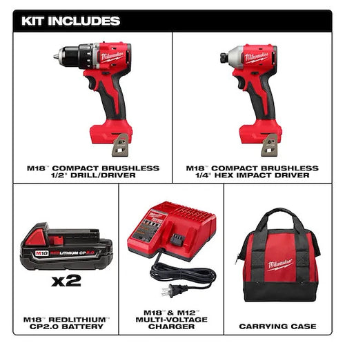 Milwaukee M18 18V Lithium-Ion Brushless Cordless Compact Drill/Impact Combo Kit (2-Tool) w/(2) 2.0 Ah Batteries, Charger & Bag 3692-22CT
