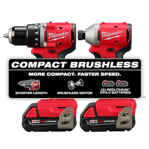 Milwaukee M18 18V Lithium-Ion Brushless Cordless Compact Drill/Impact Combo Kit (2-Tool) w/(2) 2.0 Ah Batteries, Charger & Bag 3692-22CT
